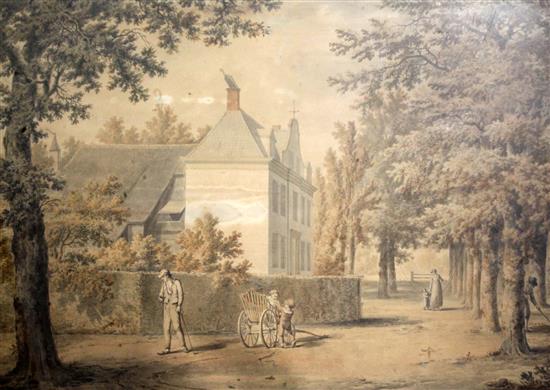 Robert Marris (1750-1827) Views of a Dutch house with figures in the garden 21 x 30in.